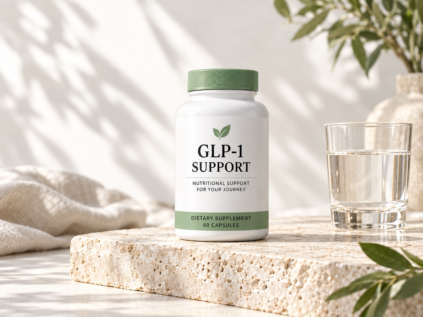 GLP-1 Support capsule bottle beside a glass of water in sunlight